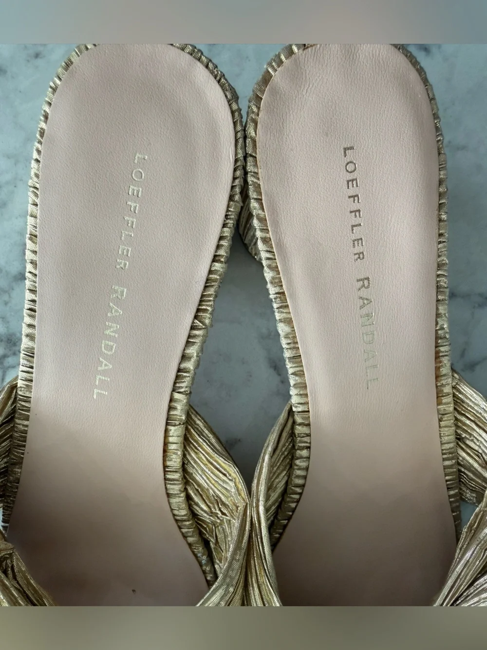 Loeffler Randall Emilia Gold Pleated Bow Heel Sz 8.5
